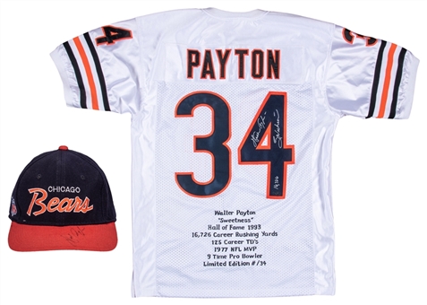 Walter Payton Signed Memorabilia Collection Including Chicago Bears Road Jersey With Embroidered Stats & Hat (Beckett)  
